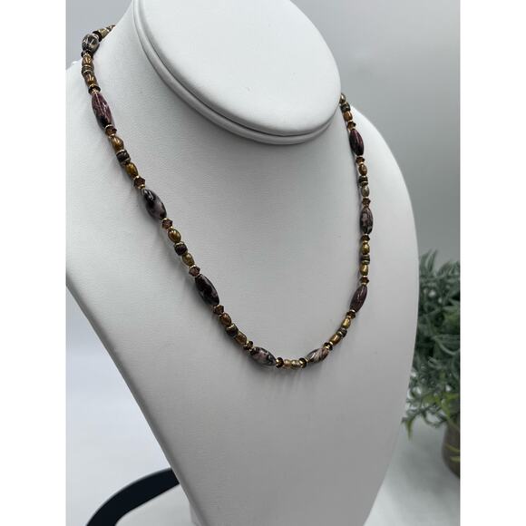 Michal Golan Agate Brown Gray Neutral Single Strand Pearl Crystal Brass necklace - Picture 5 of 16